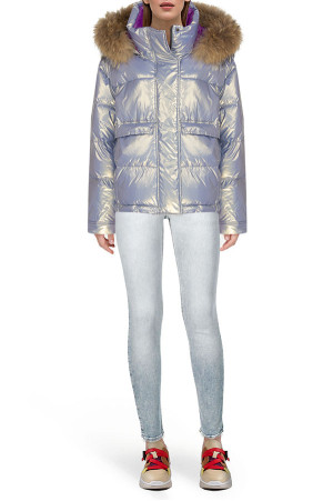 Серебристая куртка с мехом на капюшоне class=