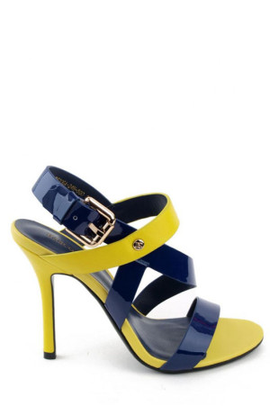 Летние высокие босоножки из лаковой кожи желтого с синим цветов class=