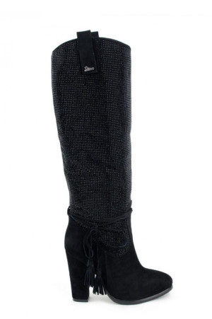 Зимние замшевые сапоги черного цвета на каблуке class=