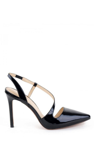 Черные лаковые босоножки на шпильке с закрытым острым носком class=